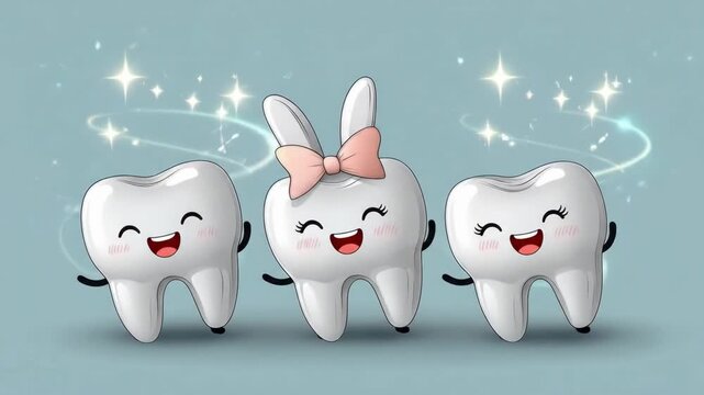 Cute smiling cartoon teeth with bow and sparkles on blue background. Easter, Pascha, Paskha, Ostern, Pascua, Paques - Orthodox and Catholic Holiday celebration