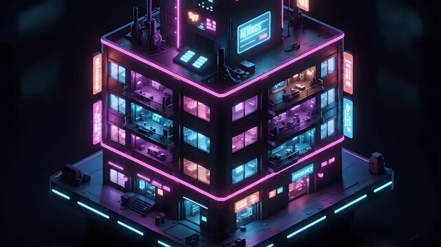 Futuristic Neon Cityscape Building with Glowing Lights.