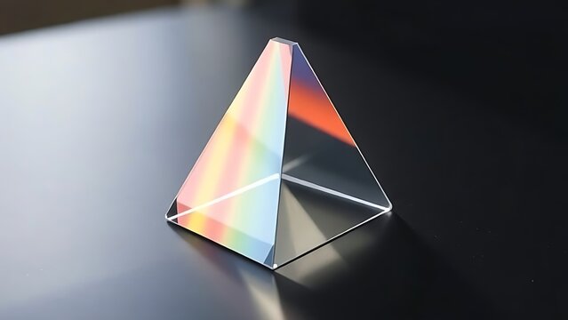 rockwell. Clear glass prism refracting rainbow light spectrum on dark surface. STEM education sheets, lab safety posters, designed for biotech research communications, used by data analysts.