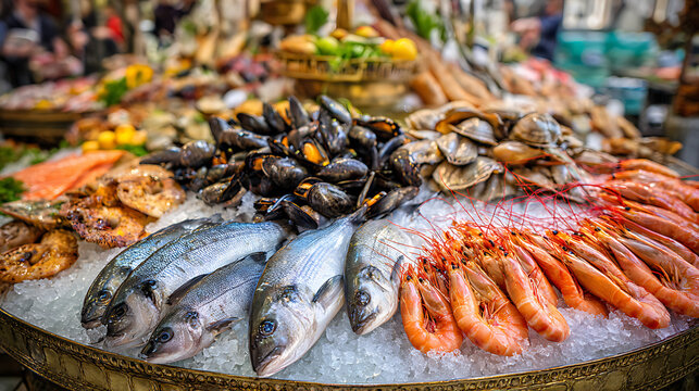 A display of fresh seafood on ice
