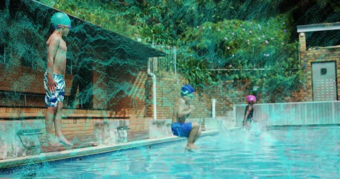 Children leaning forward on boards and launching into pool for sports with animated splash graphics