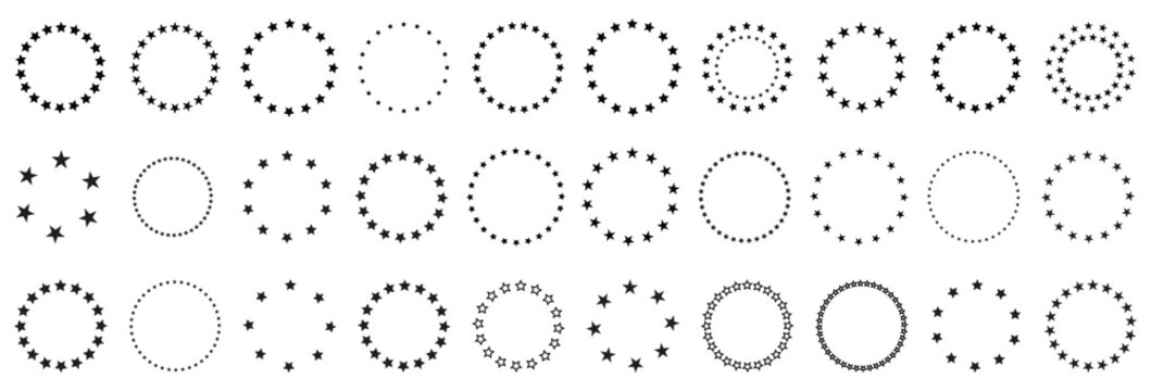 collection of various dotted and dashed circles and stars on white background