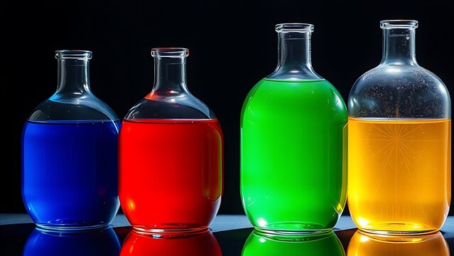 demijohns. Colorful liquids in round glass demijohns creating light refraction, dark background, crisp details. STEM education sheets.