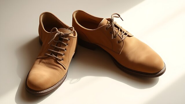 nubuck. A pair of light brown nubuck leather shoes showing fine texture and patina. lifestyle magazines, social media lookbooks, designed for lifestyle magazines and social media content.