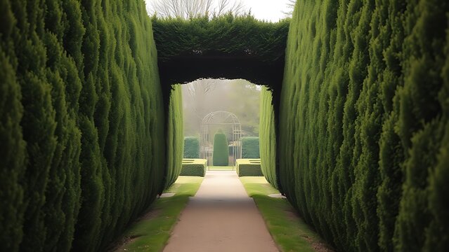 privet. A garden path flanked by tall privet hedges forming an archway. travel magazines, destination branding, designed for outdoor magazines and nature guides, inspires travel planning.