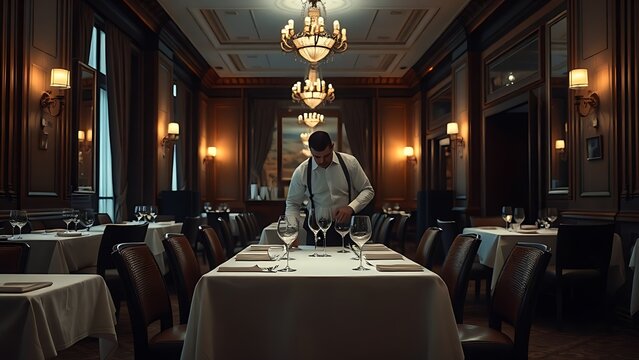 restaurateur. A restaurateur checking a set table in an empty dining room. pitch deck slides, case study pages, designed for corporate presentation decks and stakeholder reports.