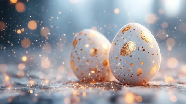 Sparkling gold speckled easter eggs on glittering surface with bokeh lights. Easter, Pascha, Paskha, Ostern, Pascua, Paques - Orthodox and Catholic Holiday celebration