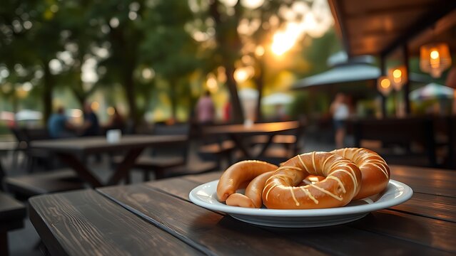 weisswurst. Beer garden table at dawn with weisswurst and pretzel on a white plate. bar promotions, beverage menus, designed for product packaging and bar promotions.