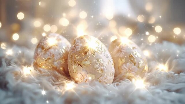 Elegant floral easter eggs with gold patterns on soft fur background. Easter, Pascha, Paskha, Ostern, Pascua, Paques - Orthodox and Catholic Holiday celebration