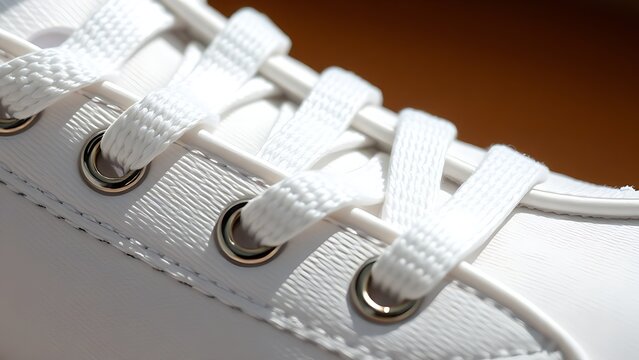 aglet. Close-up of white sneaker lace with metallic aglet on fabric. lifestyle magazines, social media lookbooks, designed for influencer and brand collaborations, inspires lifestyle.