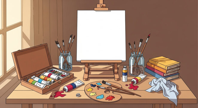 Artists Workspace - Easel, Paints, Brushes, and Palette Ready for Creative Expression.
