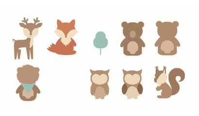 Fototapeta premium Minimal Cute Woodland Animal Set Baby Nursery Cartoon Vector Illustration