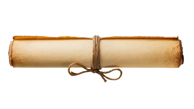 Vintage aged paper scroll, tightly rolled and secured with rustic twine, isolated on transparent background, ancient document concept PNG