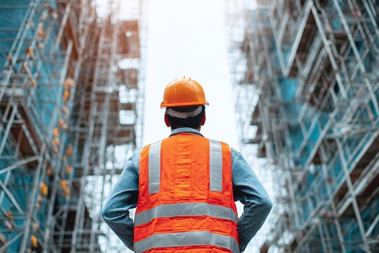 Construction worker in orange safety vest and hard hat standing before tall scaffolding at a building site