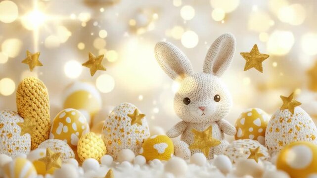 Adorable knit bunny with decorated easter eggs and golden stars in soft light. Easter, Pascha, Paskha, Ostern, Pascua, Paques - Orthodox and Catholic Holiday celebration