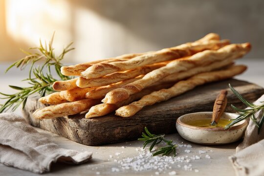 Rustic antipasto starter: slender breadsticks on a wooden board with herb garnish