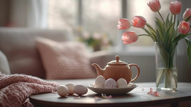 Cozy spring morning with teapot and tulips in sunlit living room. Easter, Pascha, Paskha, Ostern, Pascua, Paques - Orthodox and Catholic Holiday celebration