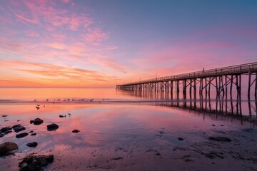 Obraz premium Silhouetted shoreline at sunset with a distant horizon and gentle waves