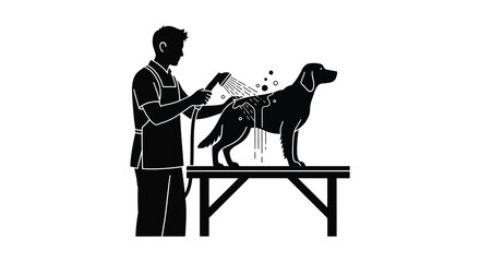 A groomer is shown washing a dog on a table in a striking black silhouette high quality professional detailed modern elegant © GDSneha02