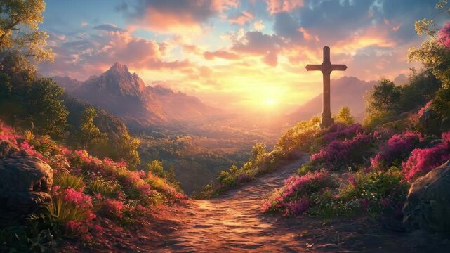 Sunset over mountain path with cross and blooming flowers. Easter, Pascha, Paskha, Ostern, Pascua, Paques - Orthodox and Catholic Holiday celebration