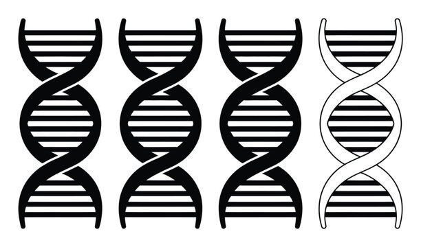 Four DNA Double Helix Icons: Three Solid Black, One Outline