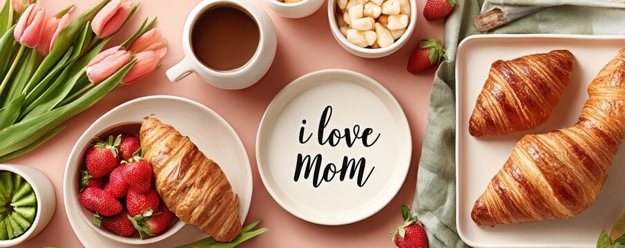 Mother's Day breakfast with croissants, tulips and strawberries on plate reading "I love Mom"