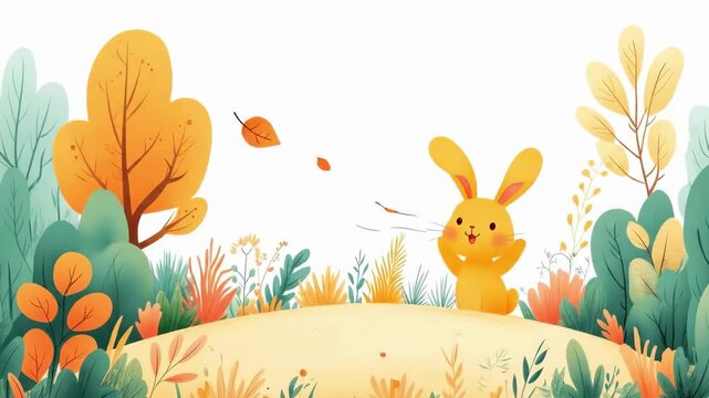 Cute cartoon rabbit in vibrant autumn forest with colorful foliage and butterflies. Easter, Pascha, Paskha, Ostern, Pascua, Paques - Orthodox and Catholic Holiday celebration