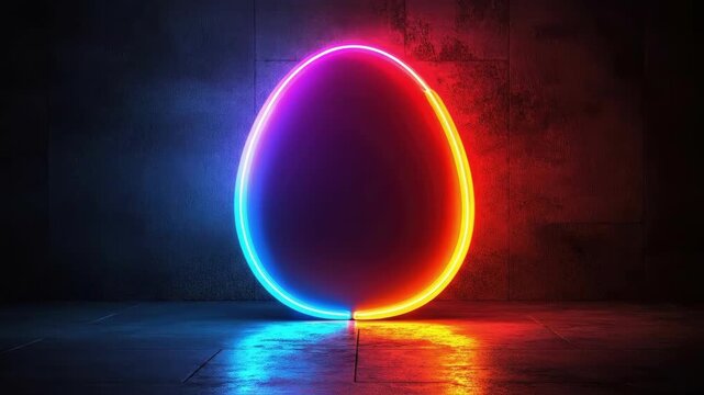 Vibrant neon egg-shaped light display in dark room with reflective surface. Easter, Pascha, Paskha, Ostern, Pascua, Paques - Orthodox and Catholic Holiday celebration