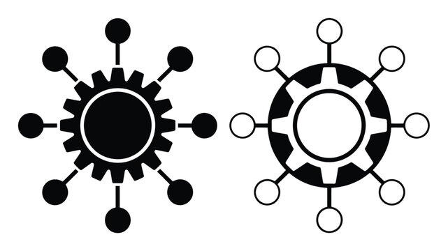 Abstract Gear Network Icons: Solid Black and Outline Versions