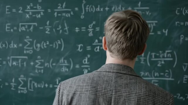 Man standing in front of a chalkboard covered in complex mathematical formulas. Professor or student analyzing equations in a classroom. Education and science concept