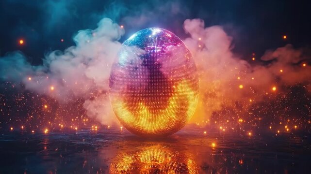 Glowing spherical object with colorful lights in smoky atmosphere. Easter, Pascha, Paskha, Ostern, Pascua, Paques - Orthodox and Catholic Holiday celebration