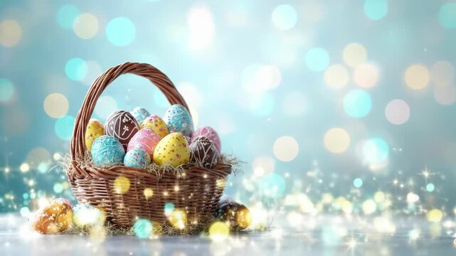 Colorful easter eggs in wicker basket with bokeh background on wood surface. Easter, Pascha, Paskha, Ostern, Pascua, Paques - Orthodox and Catholic Holiday celebration