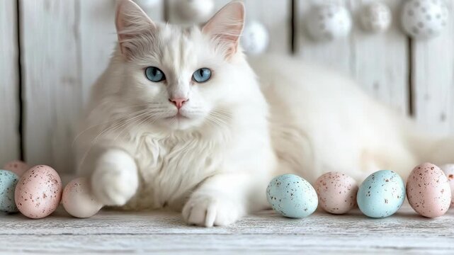 White cat with blue eyes surrounded by colorful easter eggs on wooden background. Easter, Pascha, Paskha, Ostern, Pascua, Paques - Orthodox and Catholic Holiday celebration
