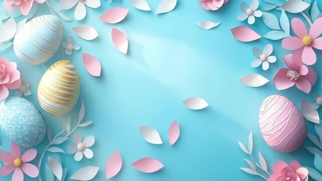 Colorful easter eggs and spring flowers on blue background. Easter, Pascha, Paskha, Ostern, Pascua, Paques - Orthodox and Catholic Holiday celebration