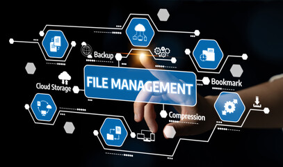 Naklejka premium Conceptual representation of file management features including cloud storage and backup options in a digital environment, emphasizing innovation and technology. Tessel