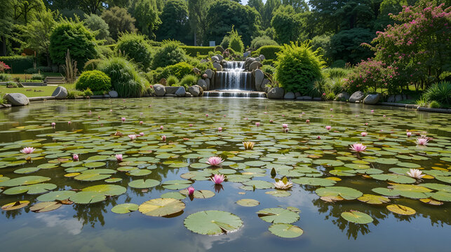 Water Lily (Nympheas) Pond and Cascade in the Bagatelle Park. The Park is located in Boulogne-Billancourt near Paris, France
