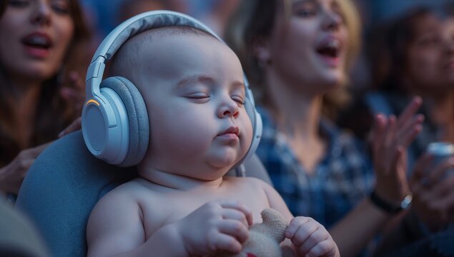 Sleeping infant wearing large headphones and holding stuffed toy at concert venue, bare-chested