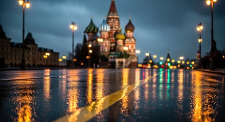 Fototapeta premium St. Basils Cathedral at Night with Wet Pavement Reflections.