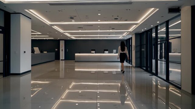 Professional woman walking through a modern corporate office lobby. Female employee in a bright empty reception area