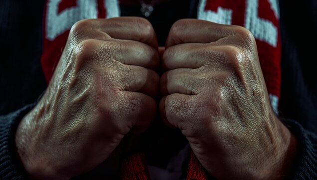 Holding clenched fists pressing together at home, with red and white knit scarf and ribbed cuffs