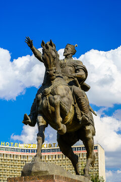Tashkent, Uzbekistan - September 29, 2023: Monument Amir Timur or Tamerlane on a sunny day with cloudy sky.