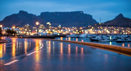 Fototapeta premium Rainy Night in Cape Town with Table Mountain and City Lights Reflected on Wet Road.