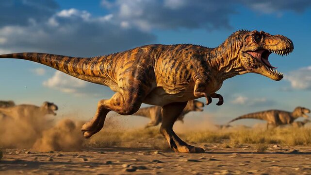 Powerful Tyrannosaurus Rex sprinting across a prehistoric savanna. T-Rex dinosaur in motion kicking up dust. Ancient predator hunting concept