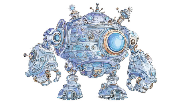 A detailed illustration of a futuristic robot with a rounded body and detailed mechanical parts