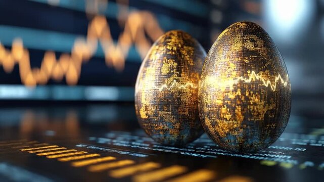 Decorative golden eggs on financial market background with digital stock graphs. Easter, Pascha, Paskha, Ostern, Pascua, Paques - Orthodox and Catholic Holiday celebration