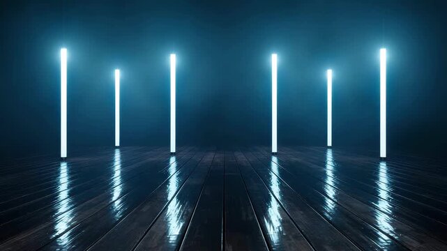 Modern stage with bright spotlights on dark wooden floor for concert or theater performance