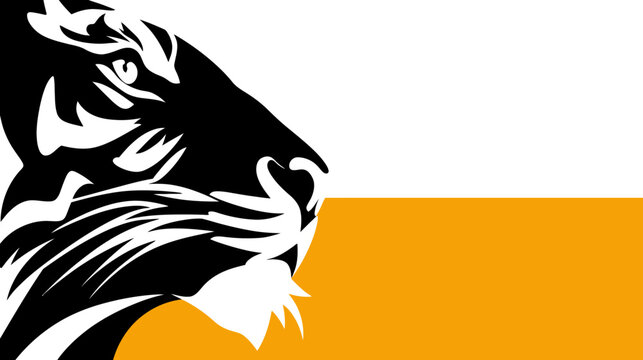 Graphic design of a stylized tiger face. Black and white face with orange and white sections