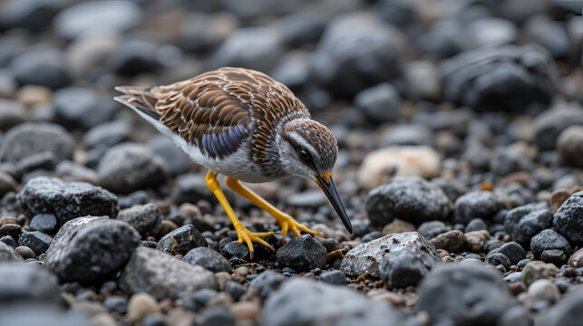 A close-up shot of a small, stocky Purple Sandpiper (Calidris maritima) with yellow legs and a slightly downcurved bill, meticulously foraging for invertebrates among wet, dark volcanic rocks and seaw