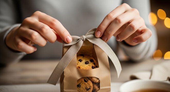 Hands tying a ribbon around a brown paper bag of chocolate chip cookies on a table with a cup of