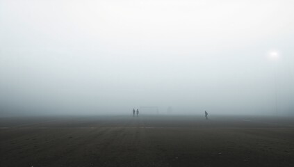 Fototapeta premium Standing three figures wearing gear near soccer goal on foggy pitch, floodlight and field lines